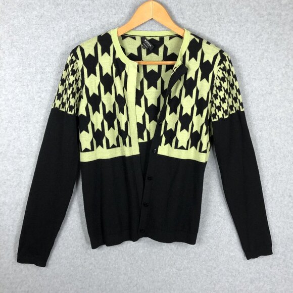 Worth New York Green Black Houndstooth Cardigan Wool Y2k Size Medium - Picture 1 of 7